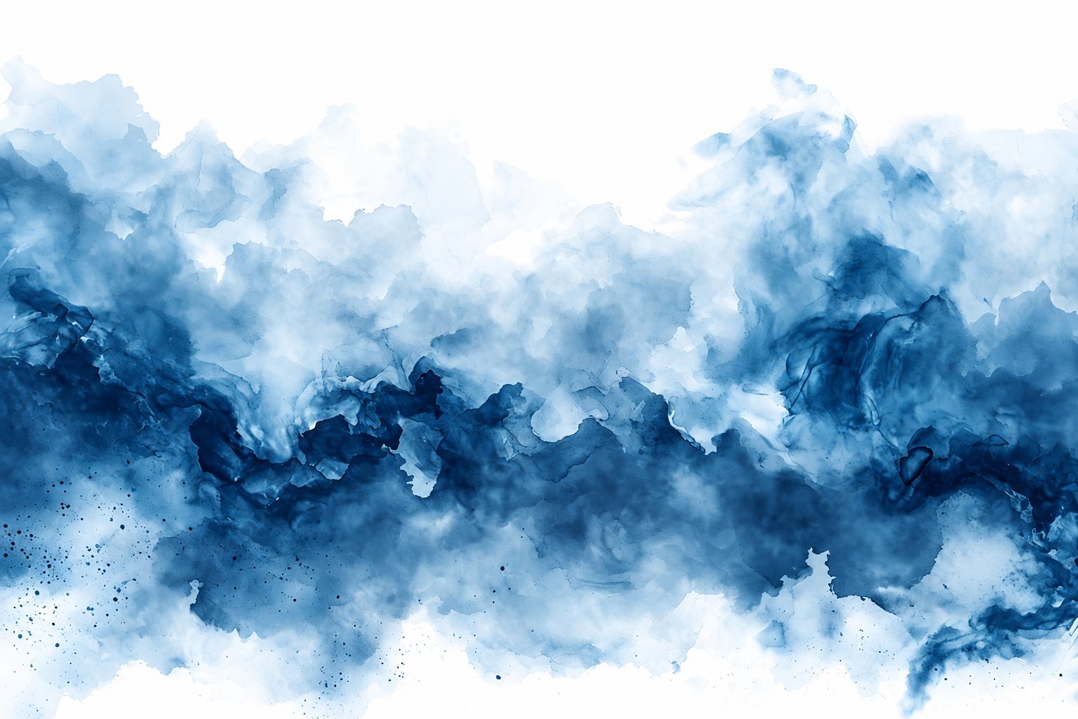 Abstract blue watercolor painting with layered ink clouds and smoky textures flowing horizontally across white background